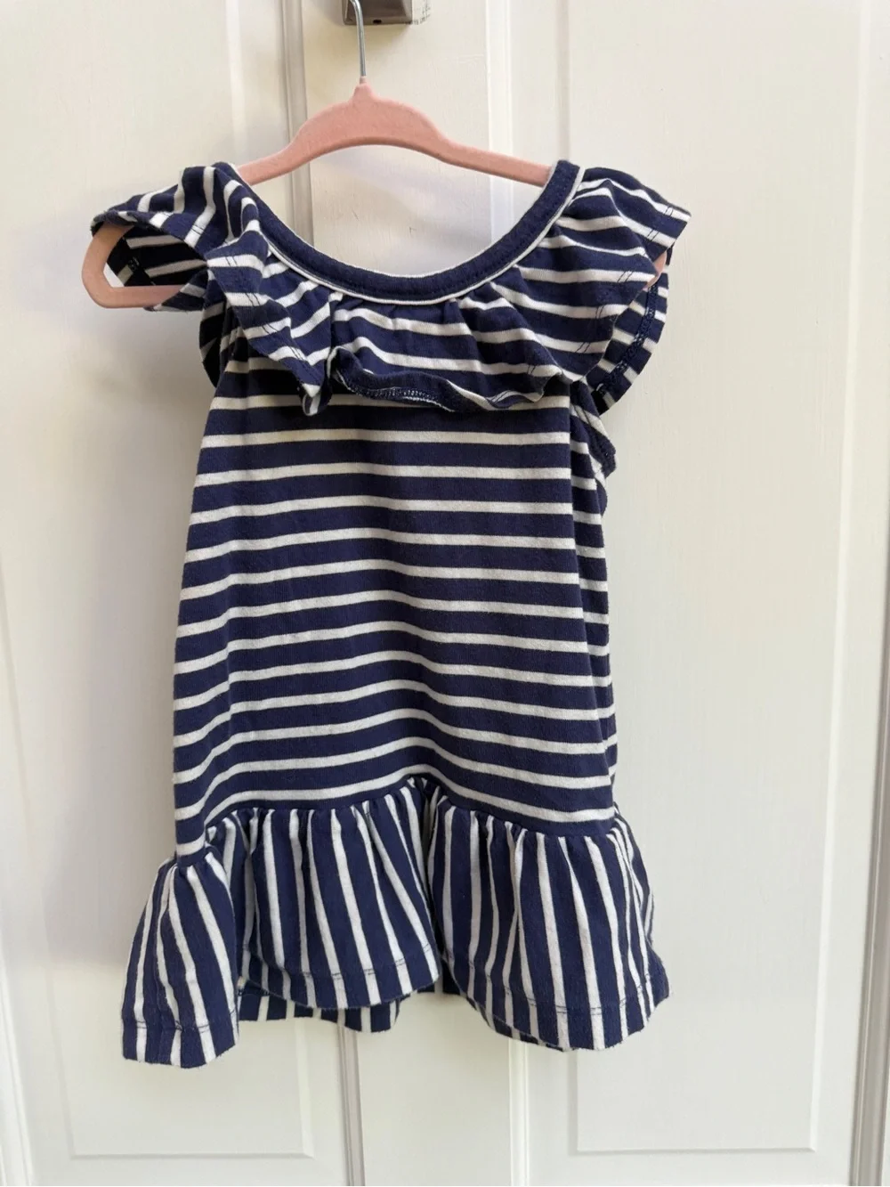 Gymboree Girls 4 Navy White Striped Ruffle Short Sleeve Top Blouse Yellow Flower